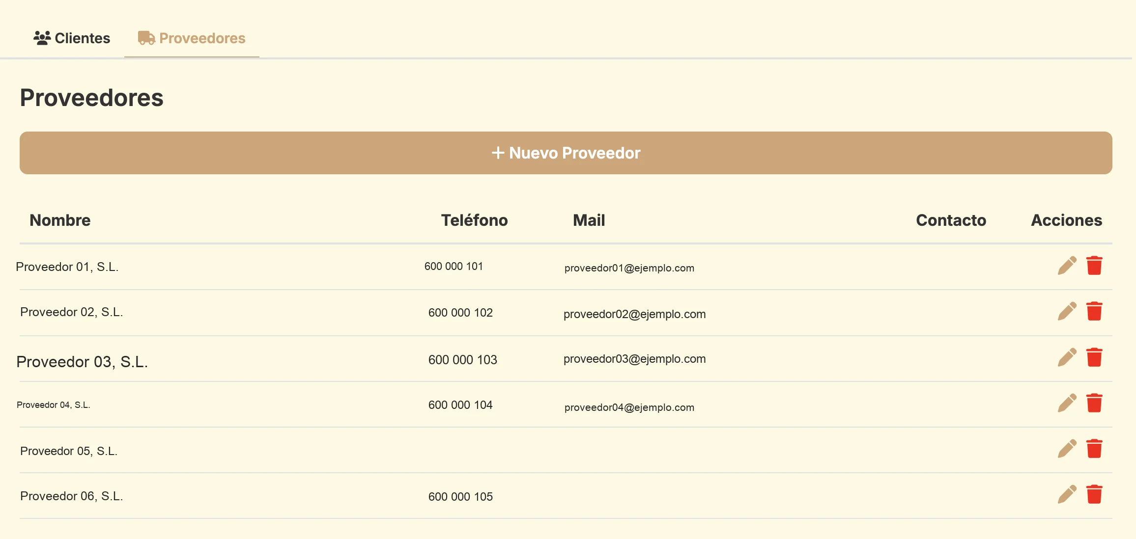 Captura de pantalla · Gestión de proveedores en Escandalla