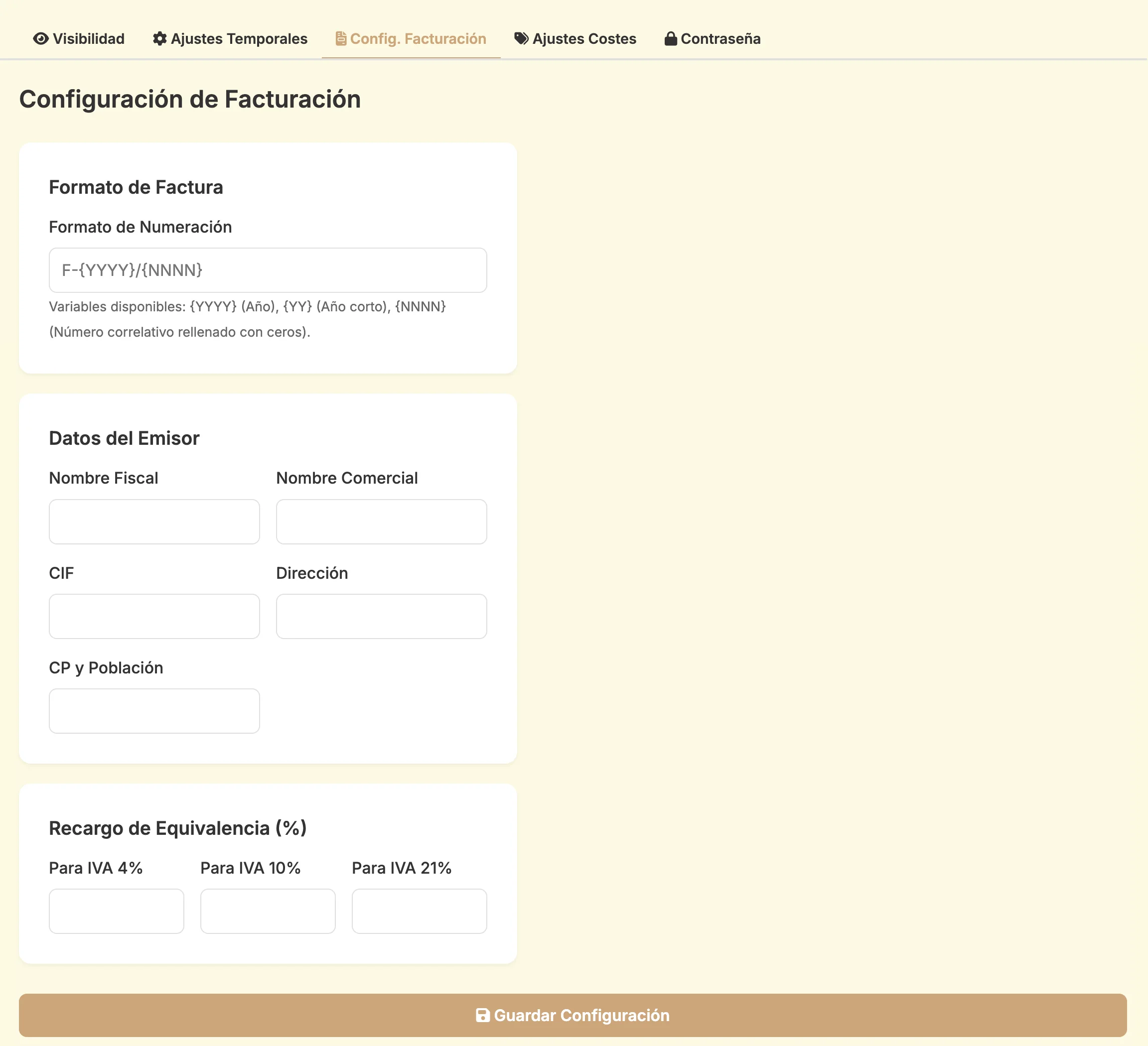 Captura de pantalla · Configuración de facturación en Escandalla